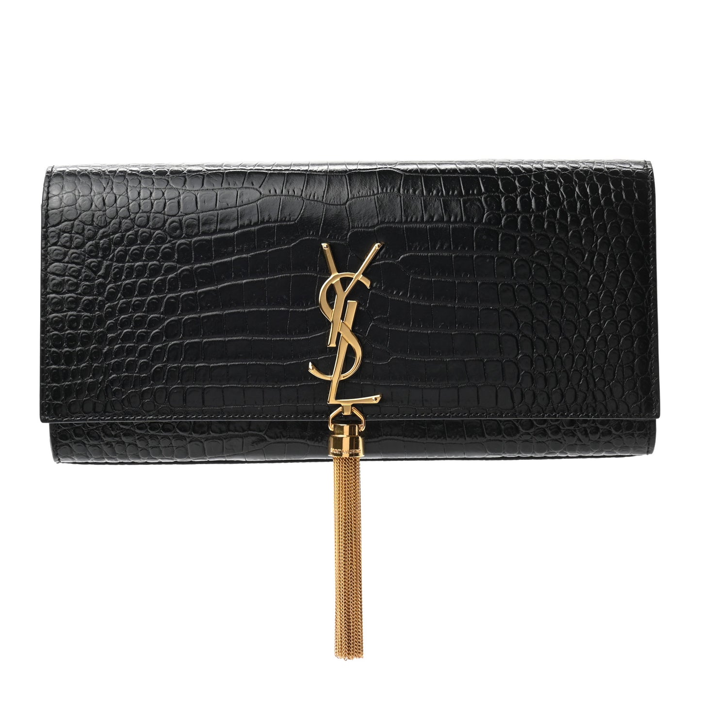 Calfskin Crocodile Embossed Classic Monogram Tassel Clutch Black