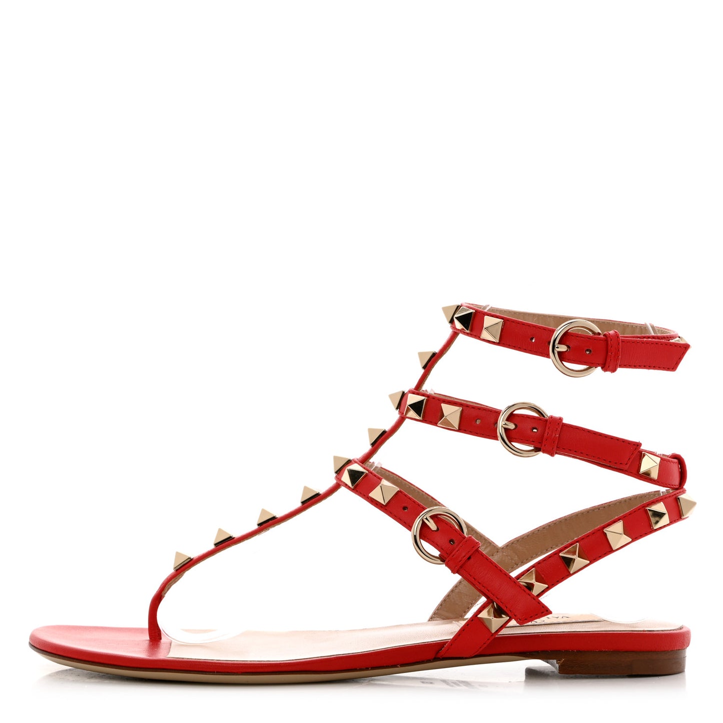 Calfskin Nappa Rockstud Ankle Wrap Flat Thong Sandals 35 Rouge Pur