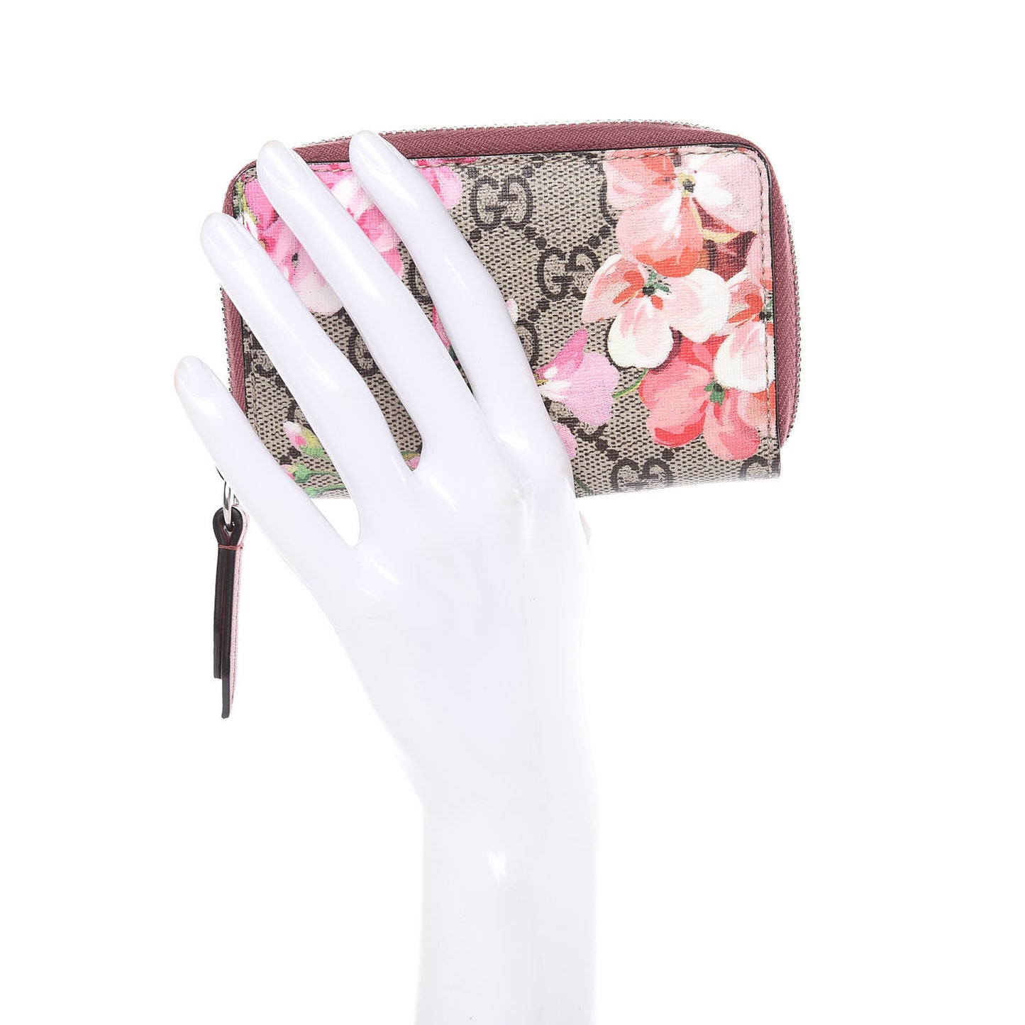 GG Supreme Monogram Blooms Zip Around Card Case Wallet Beige Multicolor Dry Rose