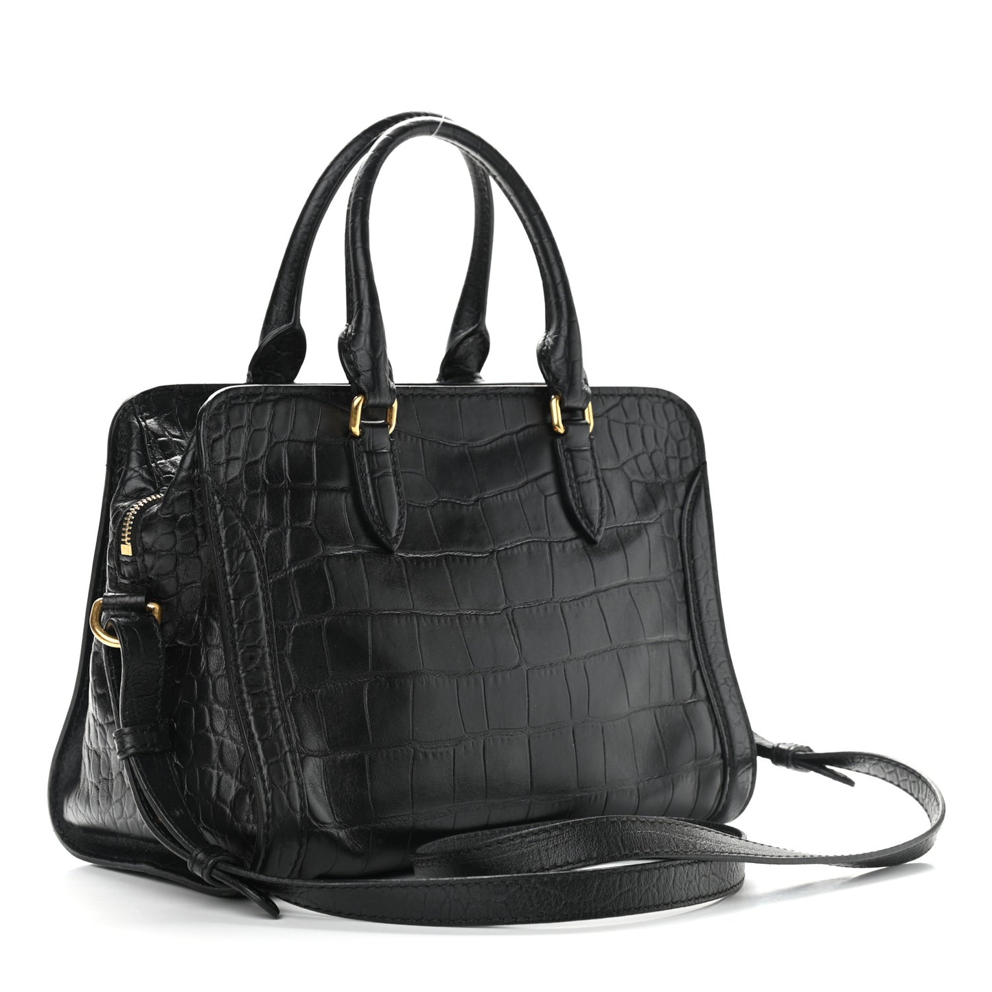 Calfskin Crocodile Embossed Small Skull Padlock Zip Around Tote Black