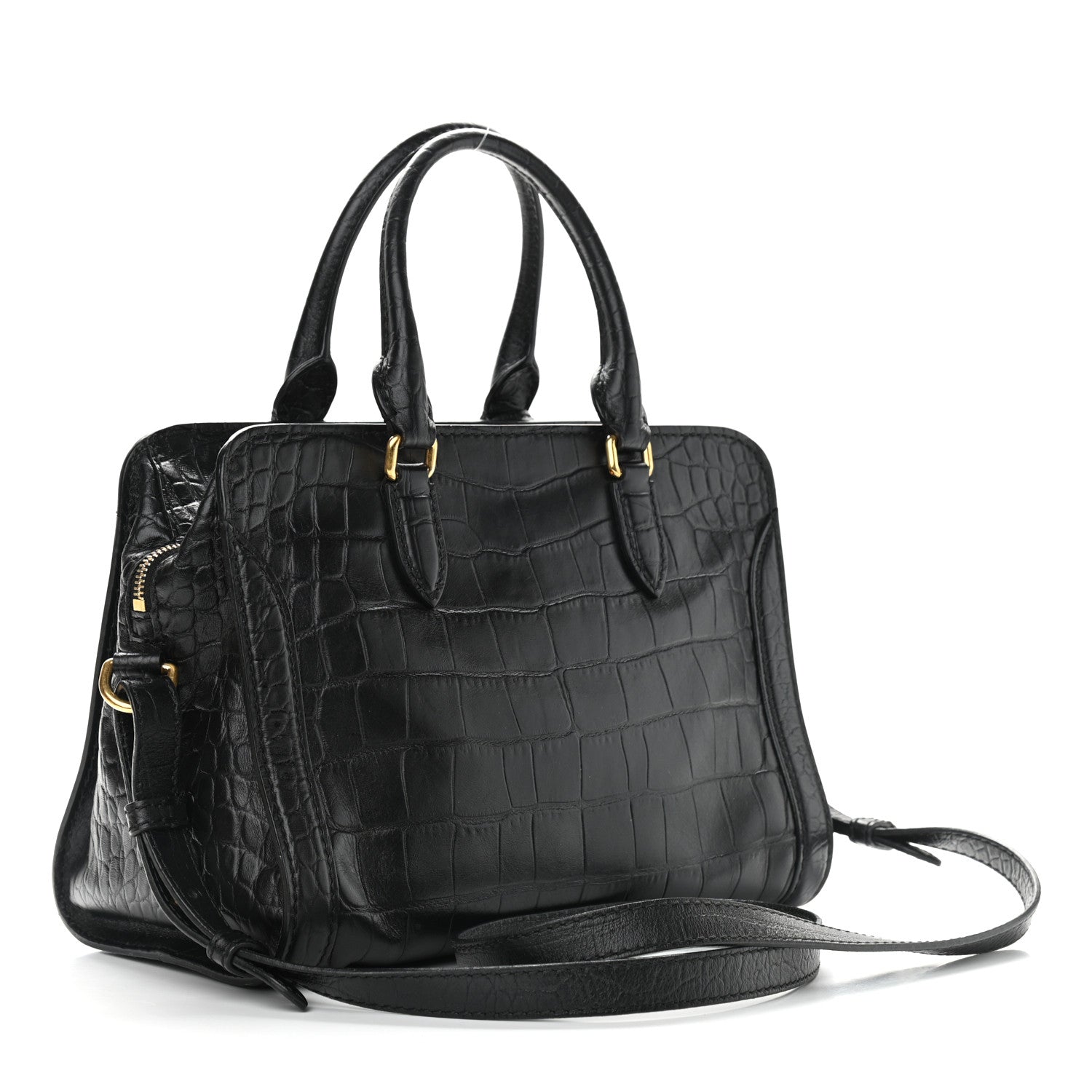 Alexander McQueen Calfskin Crocodile Embossed Small Skull Padlock Zip Around Tote Black 3 of 10