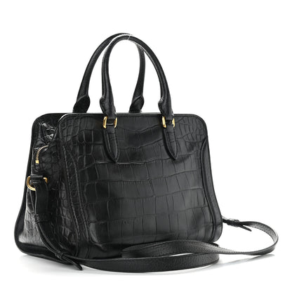 Alexander McQueen Calfskin Crocodile Embossed Small Skull Padlock Zip Around Tote Black 3 of 10
