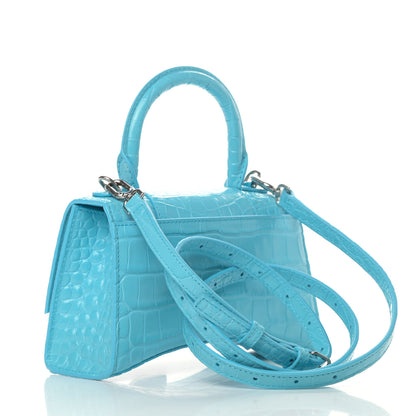 Balenciaga Shiny Calfskin Crocodile Embossed Hourglass Top Handle Bag XS Azur 2 of 5