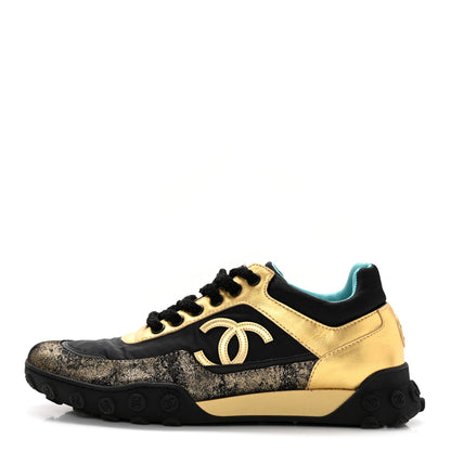 Chanel Metallic Lambskin Satin Finish Womens CC Sneakers 39.5 Black Gold 1 of 15