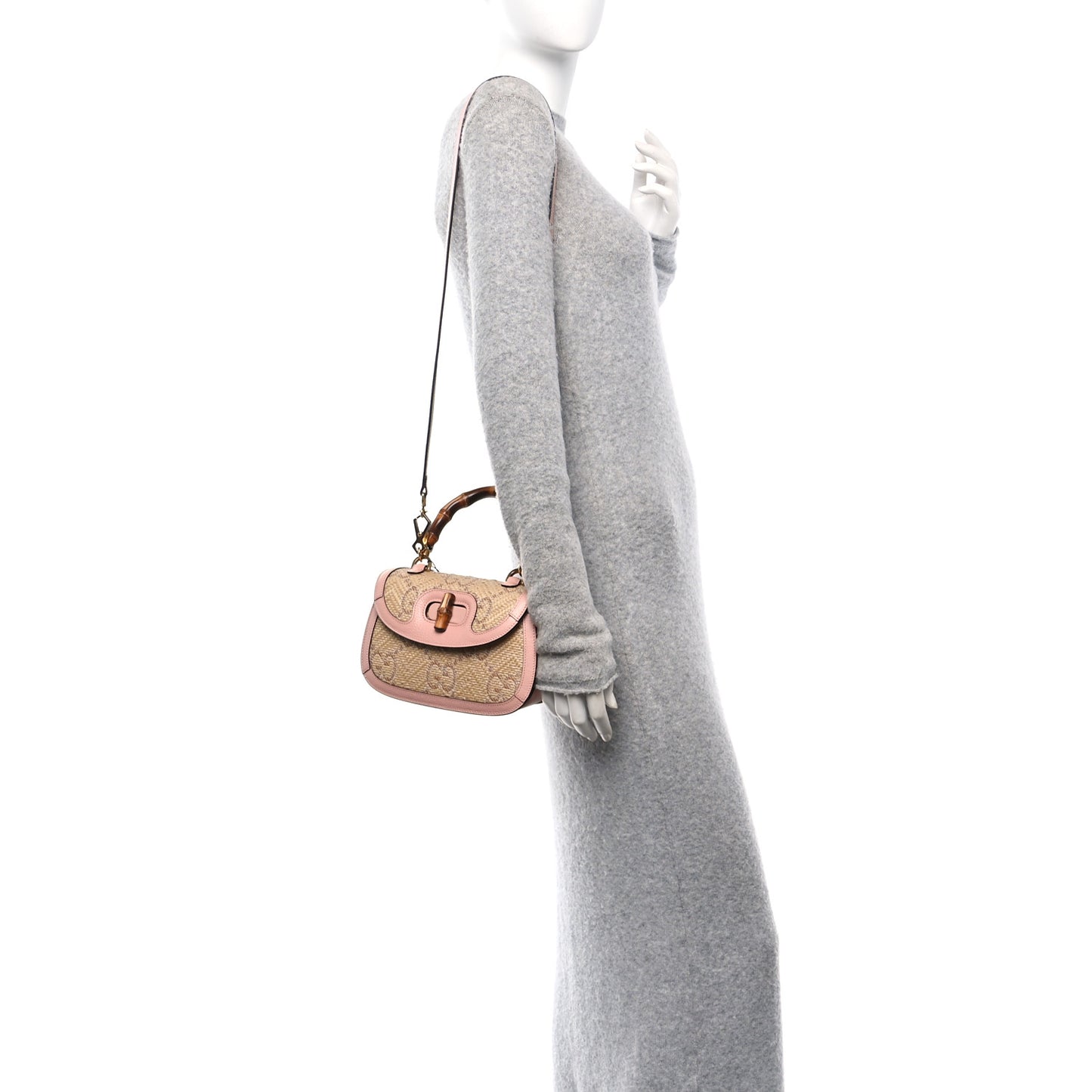 Raffia Textured Dollar Calfskin GG Monogram Small Bamboo 1947 Top Handle Bag Wild Rose Natural