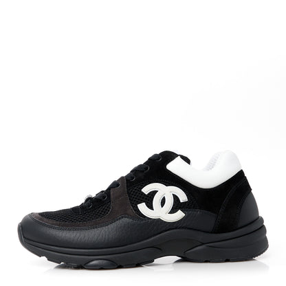 Chanel Mesh Suede Grained Calfskin Womens CC Sneakers 39 Black White 1 of 9