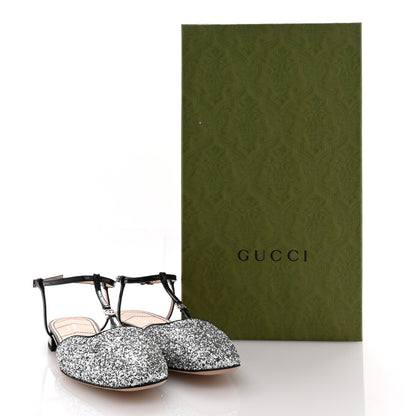 Gucci Calfskin Glitter Double G Slingback Flats 37.5 Silver Black 9 of 9