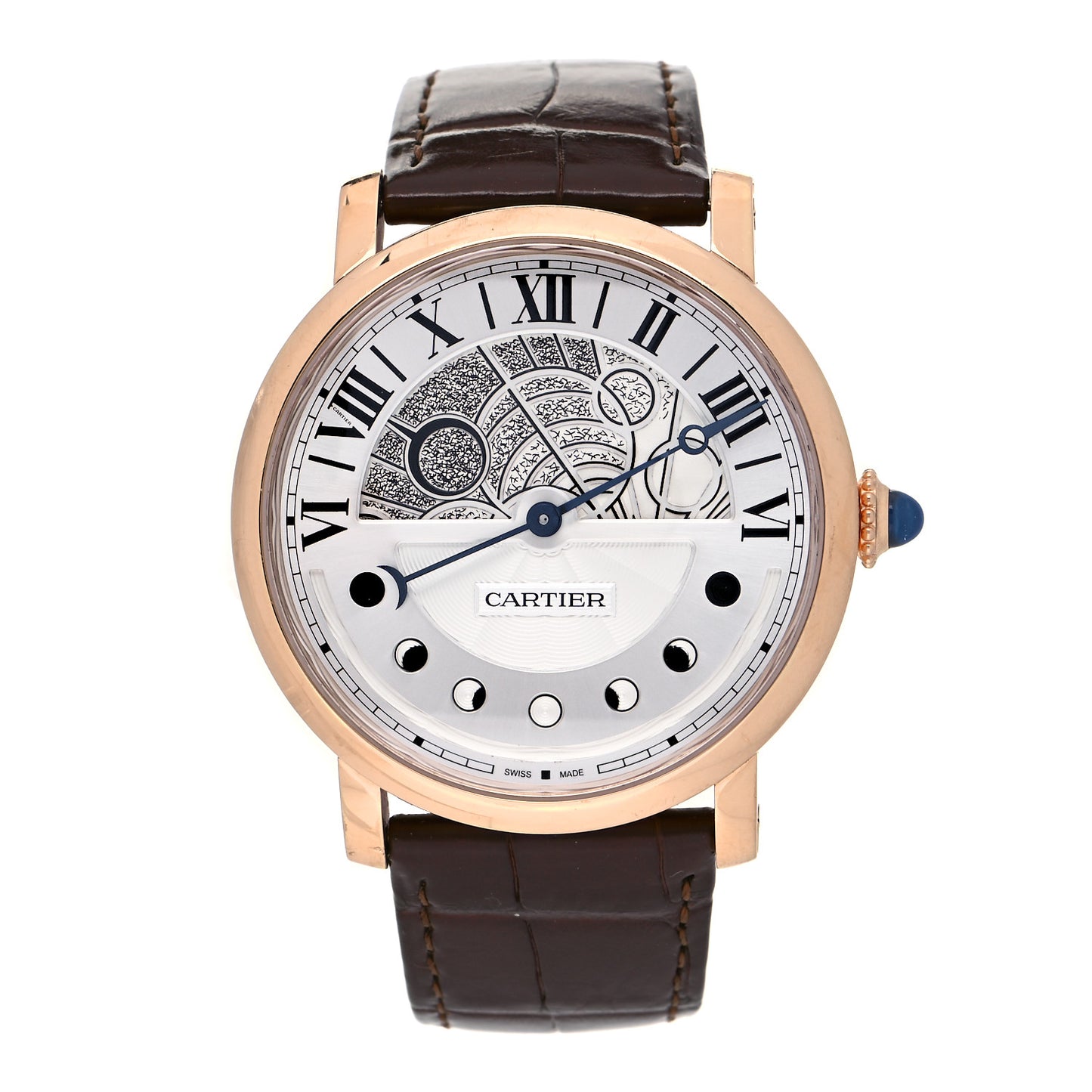 18K Pink Gold Alligator 43mm Rotonde de Cartier Moon Phases Automatic Watch Brown