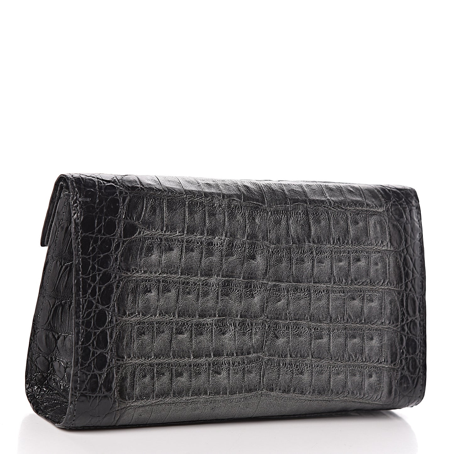 Metallic Crocodile Foldover Clutch Black Silver