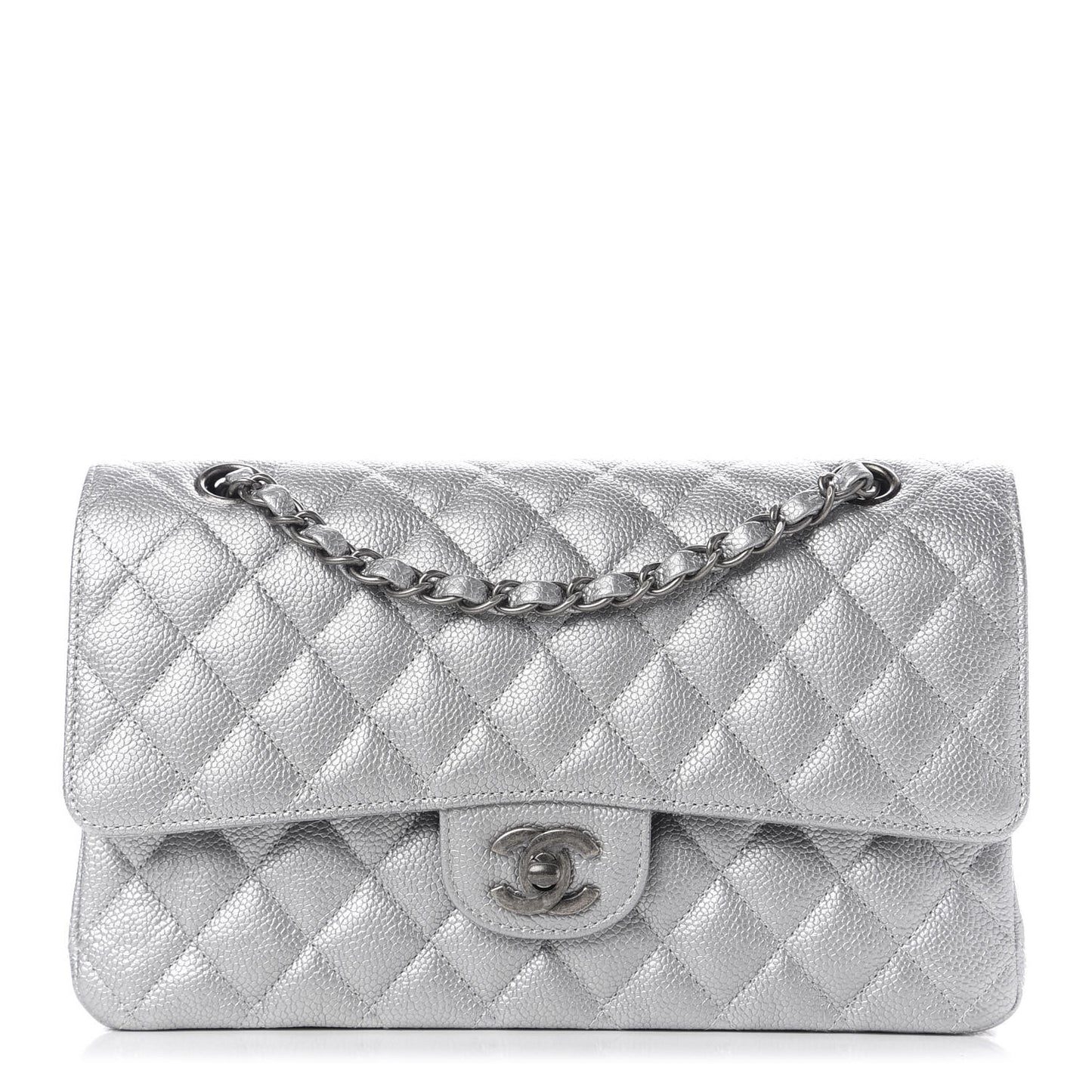 Metallic Caviar Quilted Medium Double Flap Silver