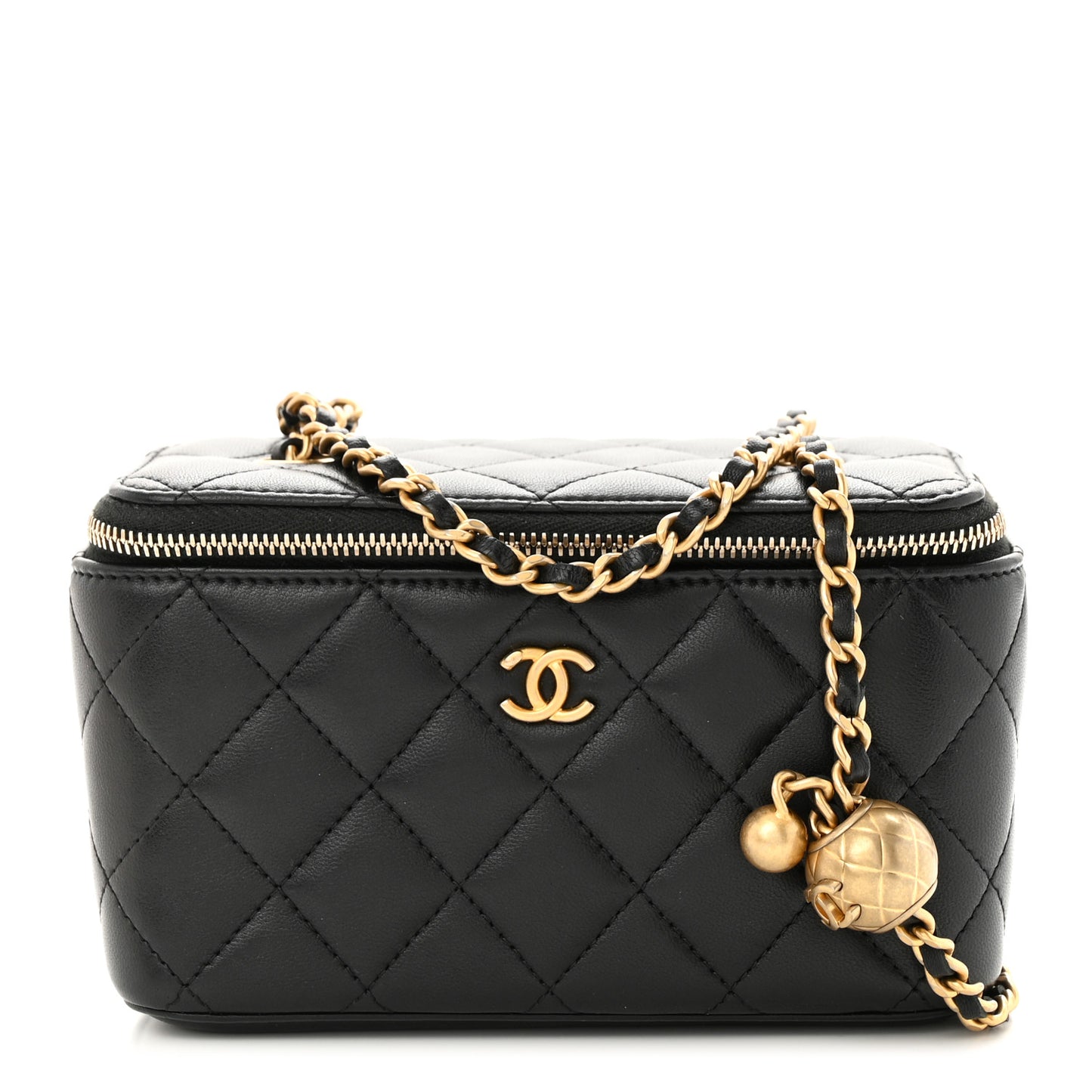 Lambskin Quilted Pearl Crush Small Vanity Case With Chain Black