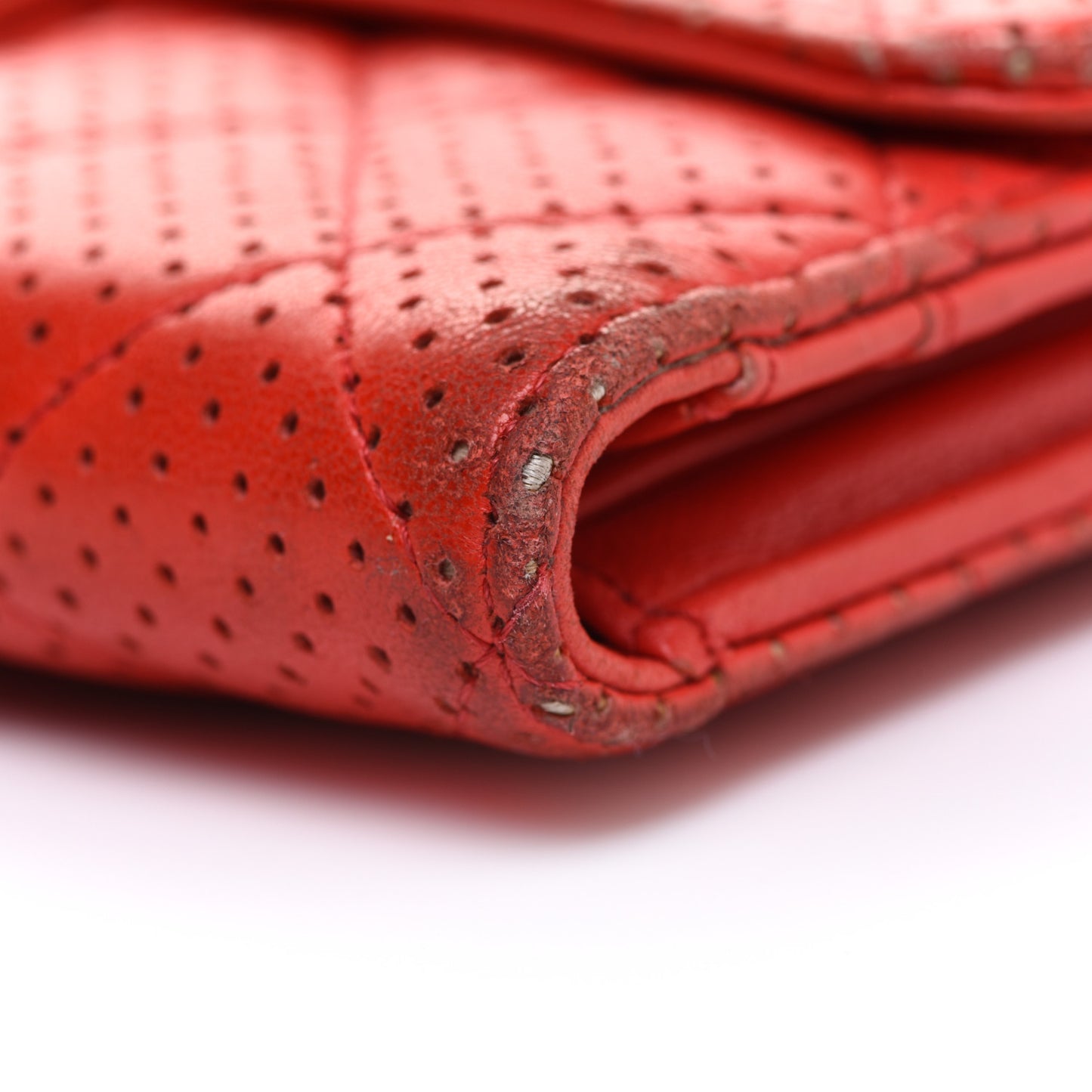 Perforated Lambskin Quilted Flap Wallet Red