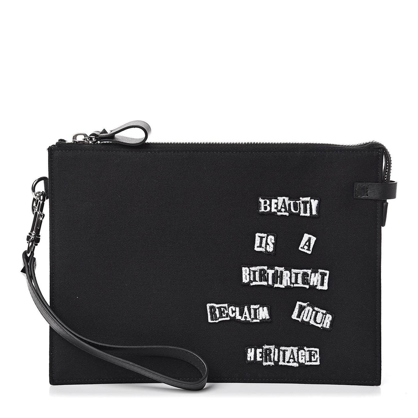 X JAMIE REID Cotton Canvas Embroidered Wristlet Zip Wristlet Pouch Black