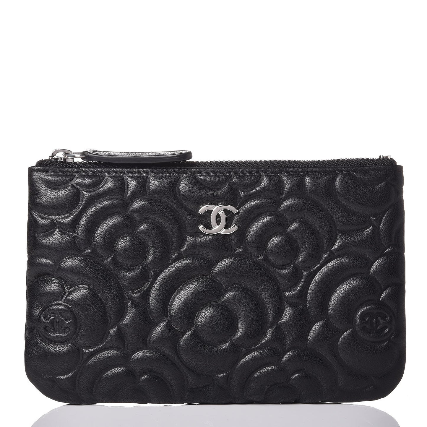 Goatskin Camellia Embossed Cosmetic Pouch Black
