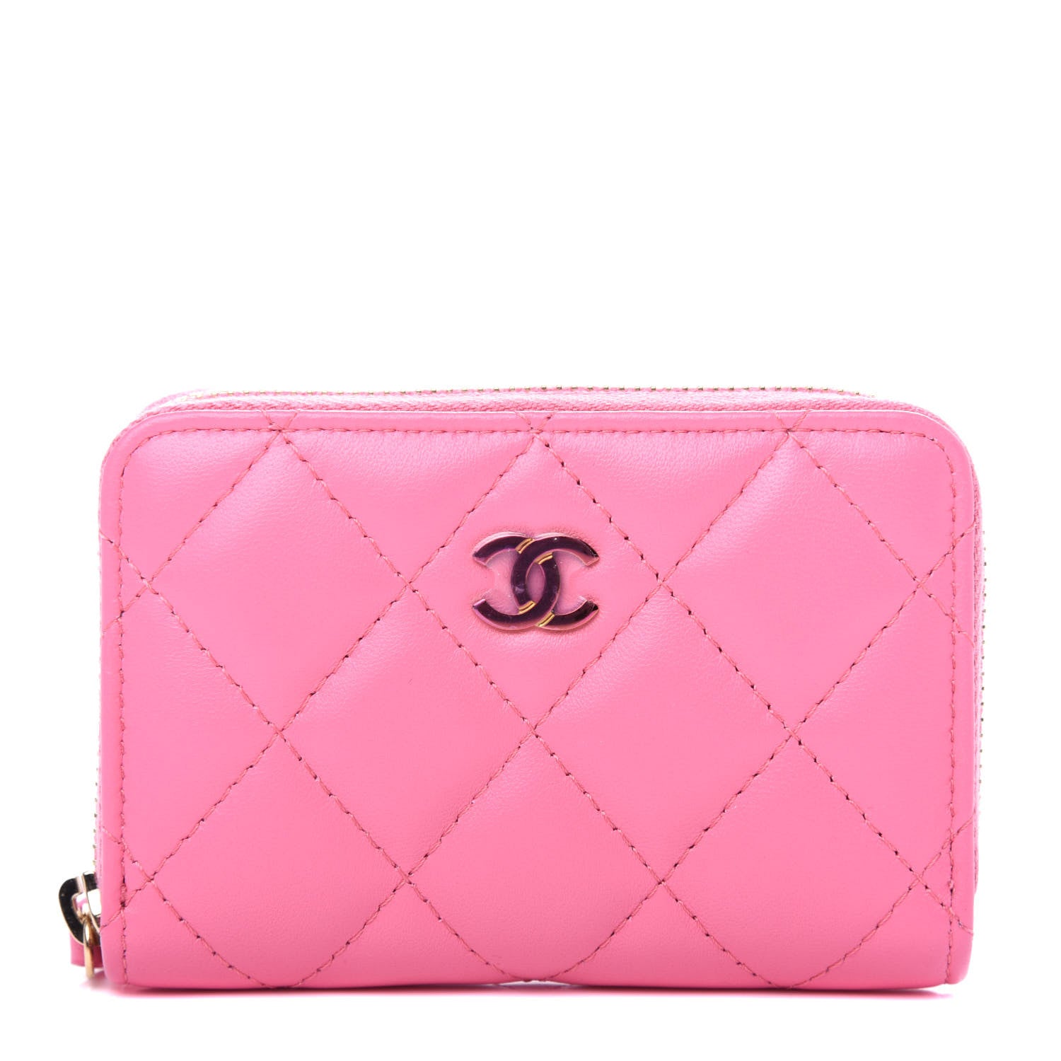 Chanel Lambskin Quilted Zip Around Coin Purse Wallet Pink Yellow 1 of 9