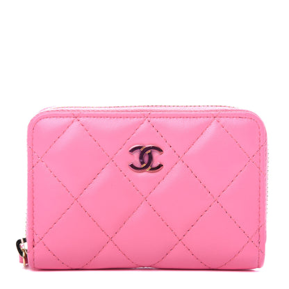 Chanel Lambskin Quilted Zip Around Coin Purse Wallet Pink Yellow 1 of 9
