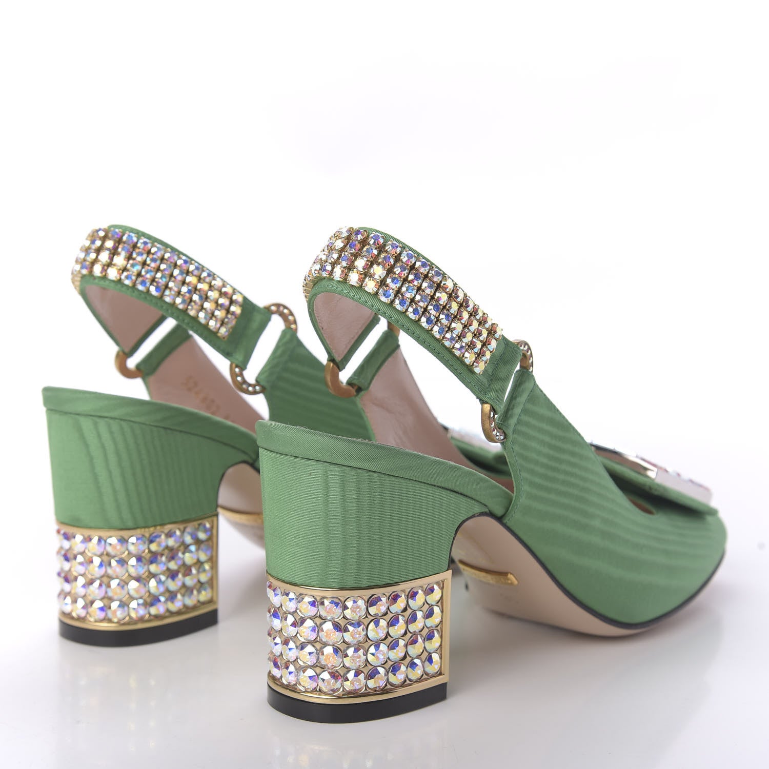 Gucci Moire Fabric Crystal Square G Madelyn Slingbacks 35 New Shamarock 4 of 9