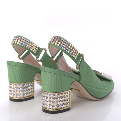 Gucci Moire Fabric Crystal Square G Madelyn Slingbacks 35 New Shamarock 4 of 9