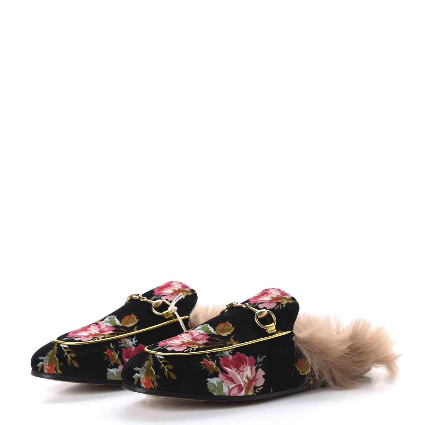 Velvet Fur Floral Womens Princetown Slippers 38 Black