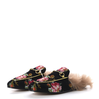 Gucci Velvet Fur Floral Womens Princetown Slippers 38 Black 3 of 9