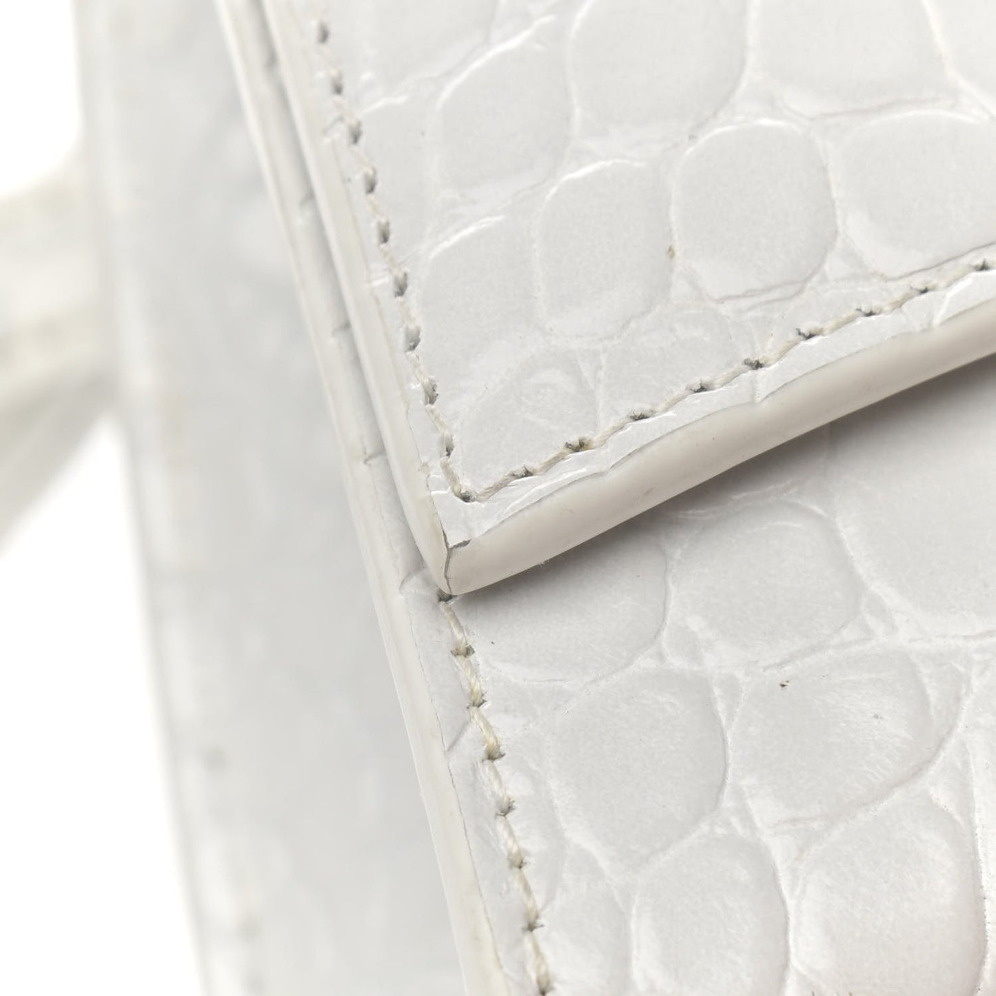 Shiny Calfskin Crocodile Embossed Hourglass Top Handle Bag XS White