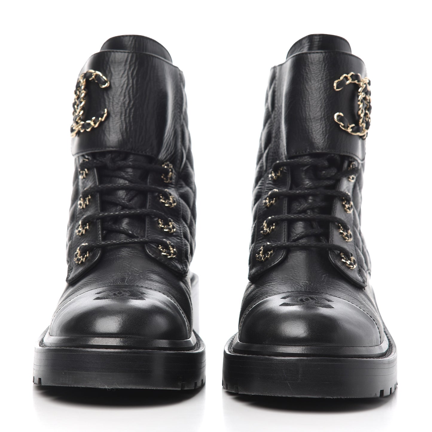 Shiny Goatskin Calfskin Quilted Lace Up Combat Boots 38 Black