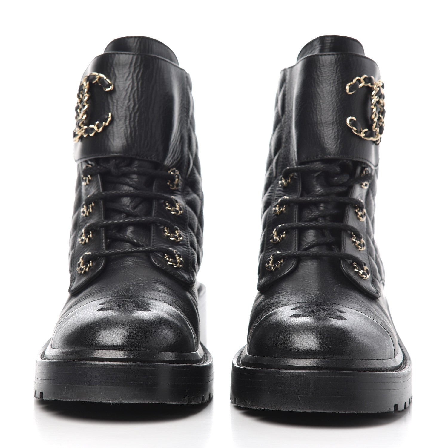 Chanel Shiny Goatskin Calfskin Quilted Lace Up Combat Boots 38 Black 2 of 17