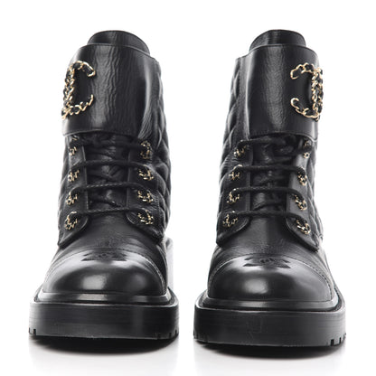 Chanel Shiny Goatskin Calfskin Quilted Lace Up Combat Boots 38 Black 2 of 17