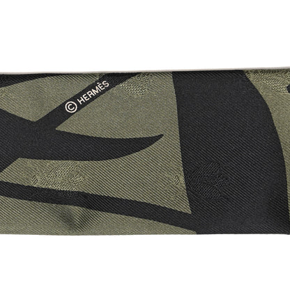Hermes Silk Calfskin Bouquet Final Fringed Twilly Vert Loden Black 4 of 5