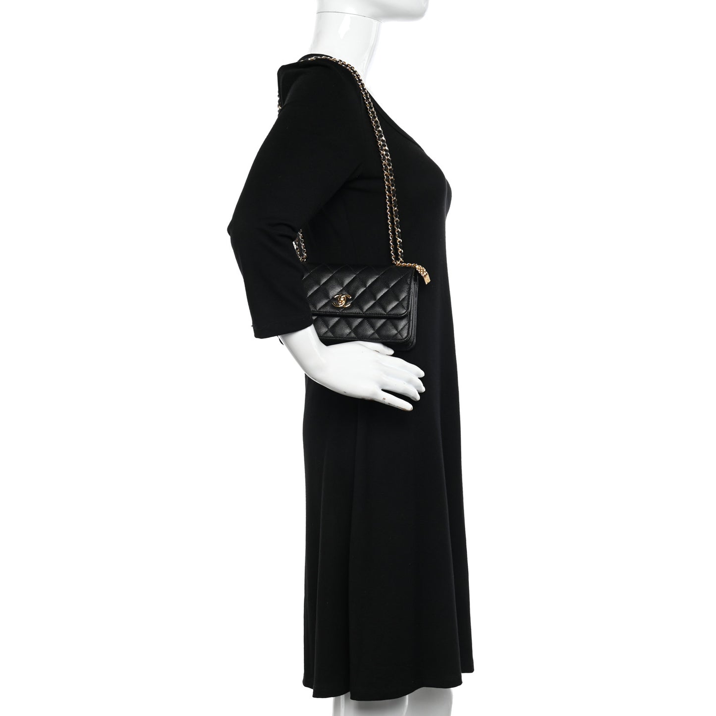 Shiny Caviar Quilted Flap Charm Wallet On Chain WOC Black