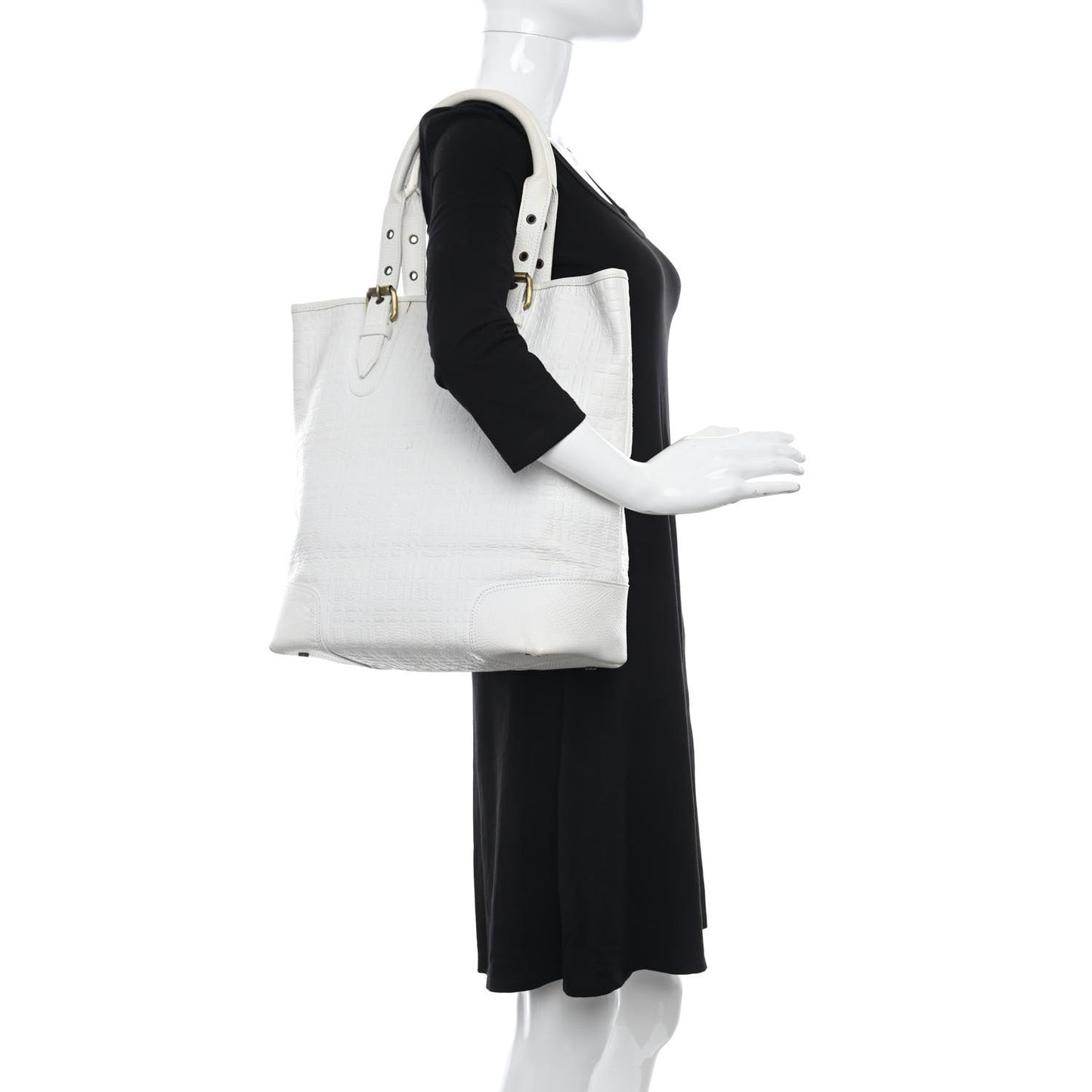 Signature Grain Calfskin Check Embossed Tote White