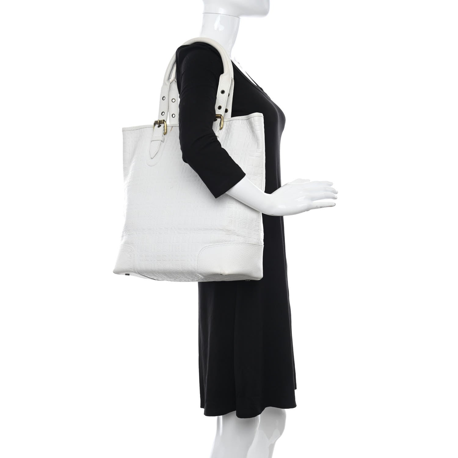 Burberry Signature Grain Calfskin Check Embossed Tote White 2 of 19