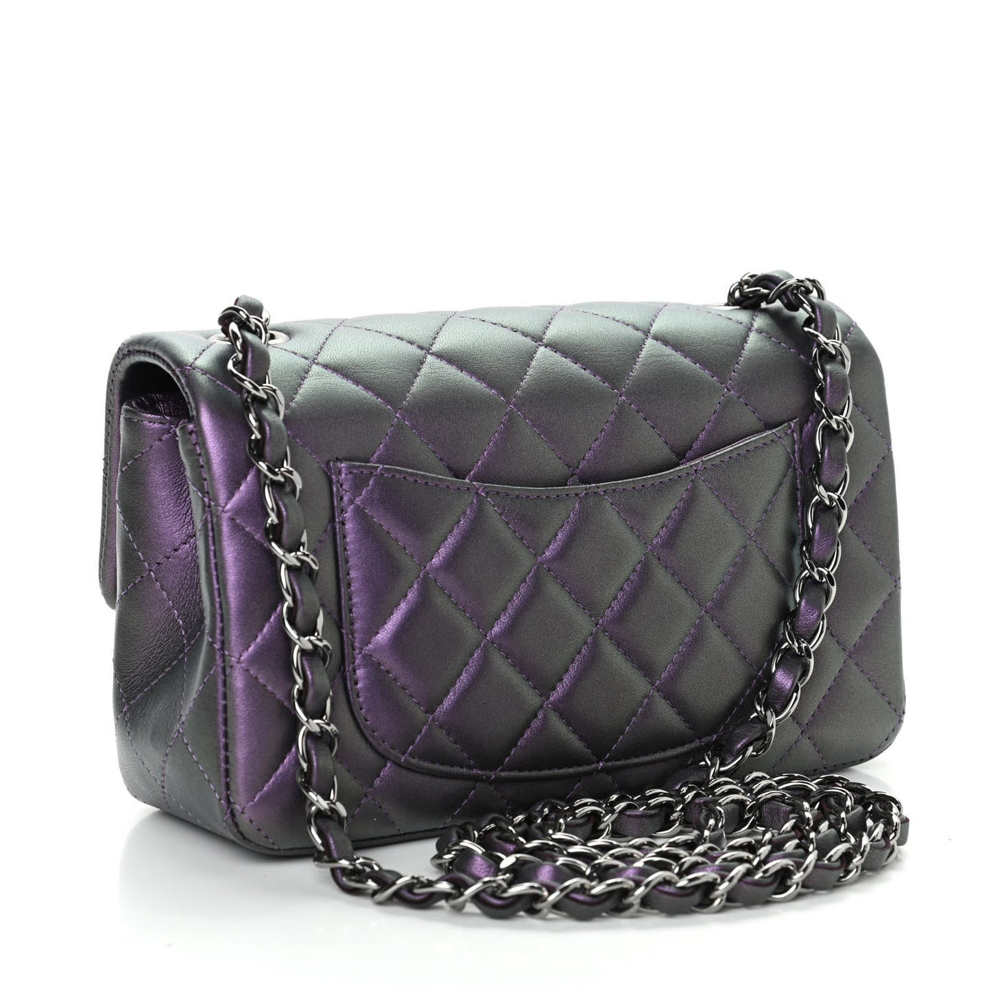 Iridescent Lambskin Quilted Mini Rectangular Flap Purple
