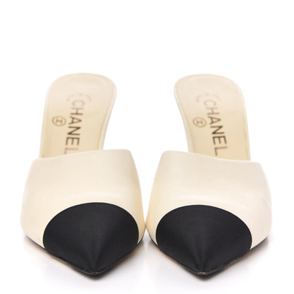 Chanel Goatskin Grosgrain Cap Toe Snake Pearl Mule 36 Beige Black 2 of 9