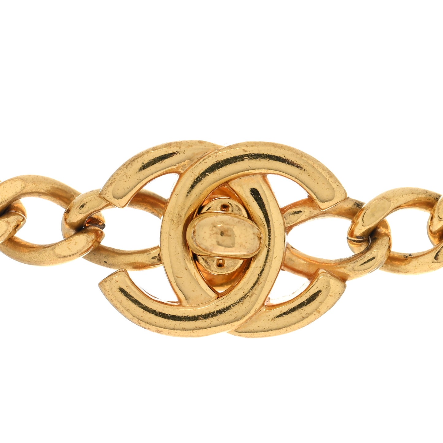 Chain Link CC Turn Lock Medallion Pendant Necklace Gold