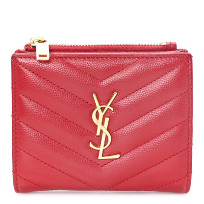 Saint Laurent Grain De Poudre Matelasse Chevron Monogram Zipped Card Case Rouge Eros 1 of 9
