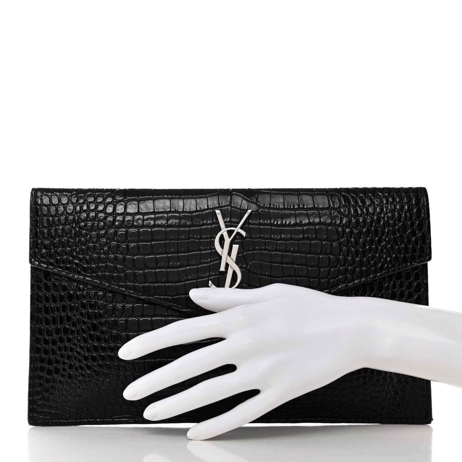 Saint Laurent Calfskin Crocodile Embossed Uptown Monogram Pouch Black 2 of 7