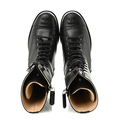 Chanel Calfskin Lace Up Combat Boots 37.5 Black 2 of 13