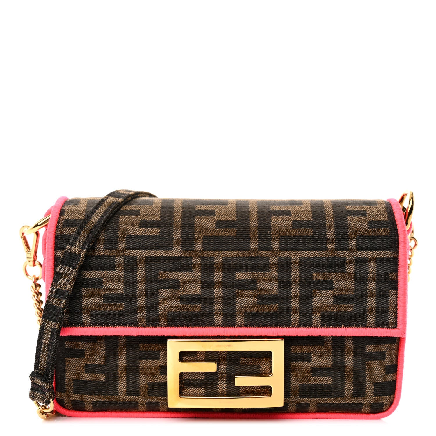 Fendi Fabric Jacquard FF 1974 Roma Armor Mini Baguette Tobacco Moro Fuxia Fluo 1 of 9