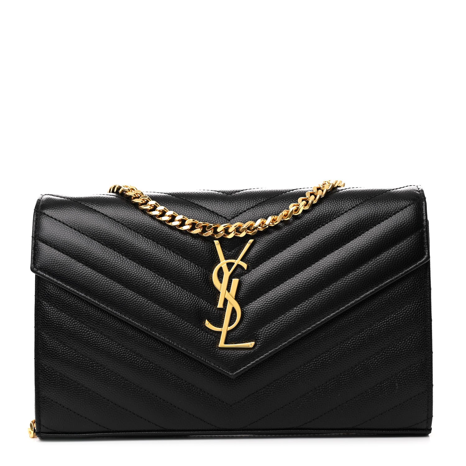 Saint Laurent Grain De Poudre Matelasse Chevron Monogram Chain Wallet Black 1 of 12