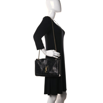Saint Laurent Calfskin Crocodile Embossed Suede Medium Reversible Monogram Kate Satchel Military Taupe 3 of 16