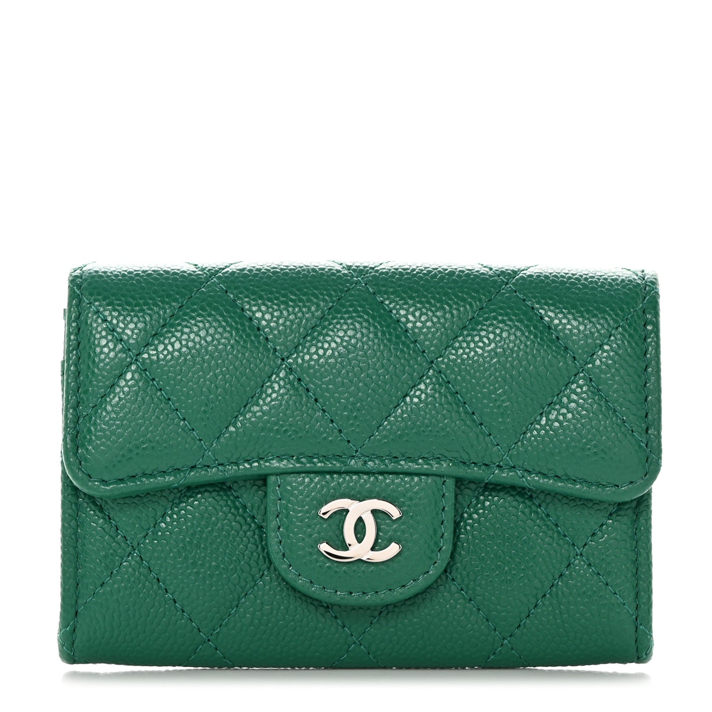 Caviar Quilted Flap Card Holder Wallet Green