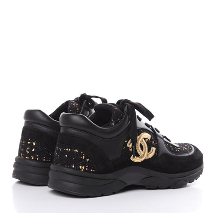 Chanel Suede Tweed CC Sneakers 38.5 Black Gold 4 of 8