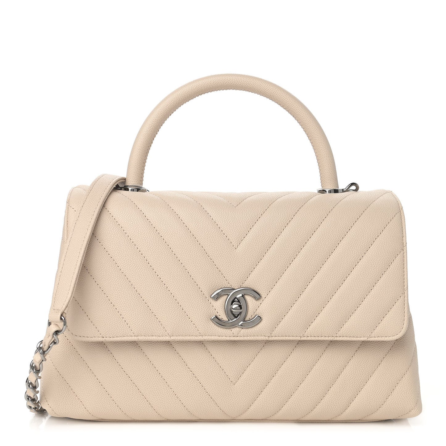 Caviar Chevron Quilted Small Coco Handle Flap Light Beige