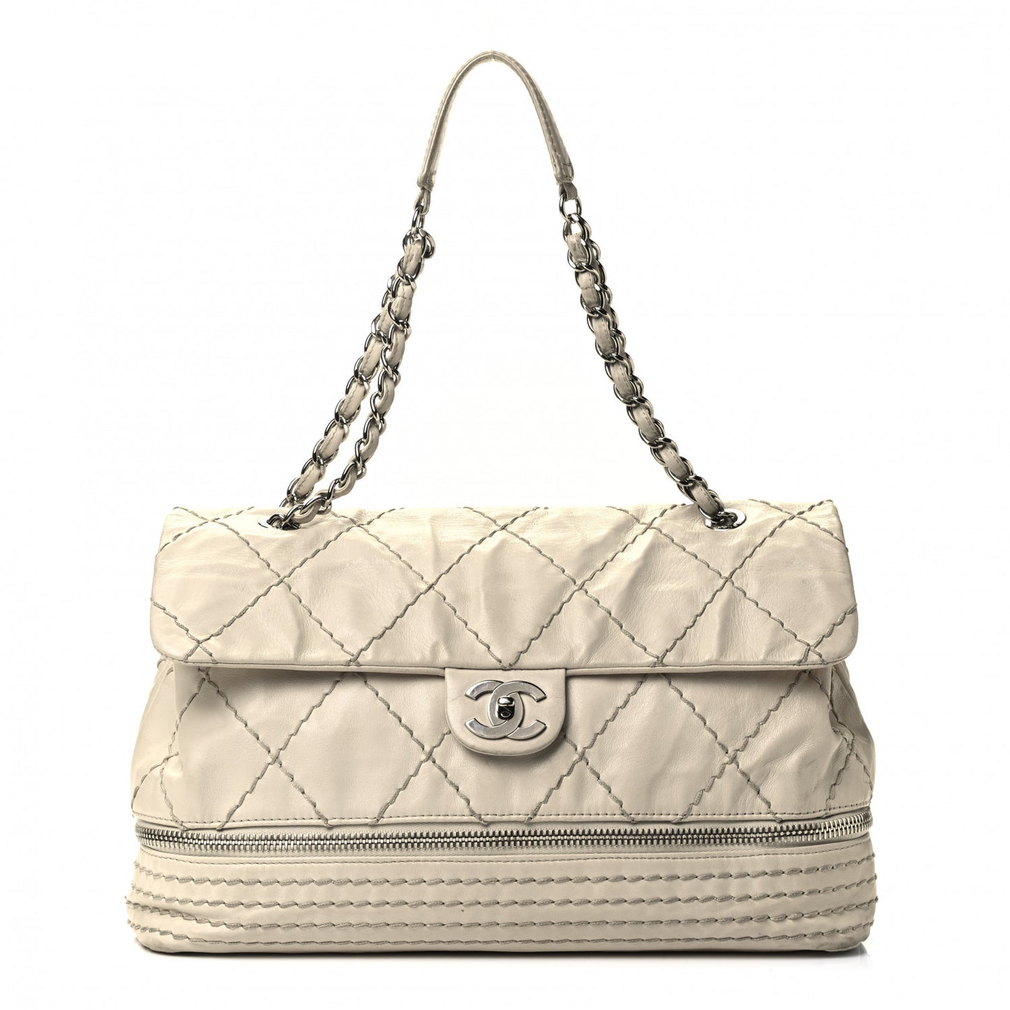 Calfskin Stitched Large Expandable Flap Bag White