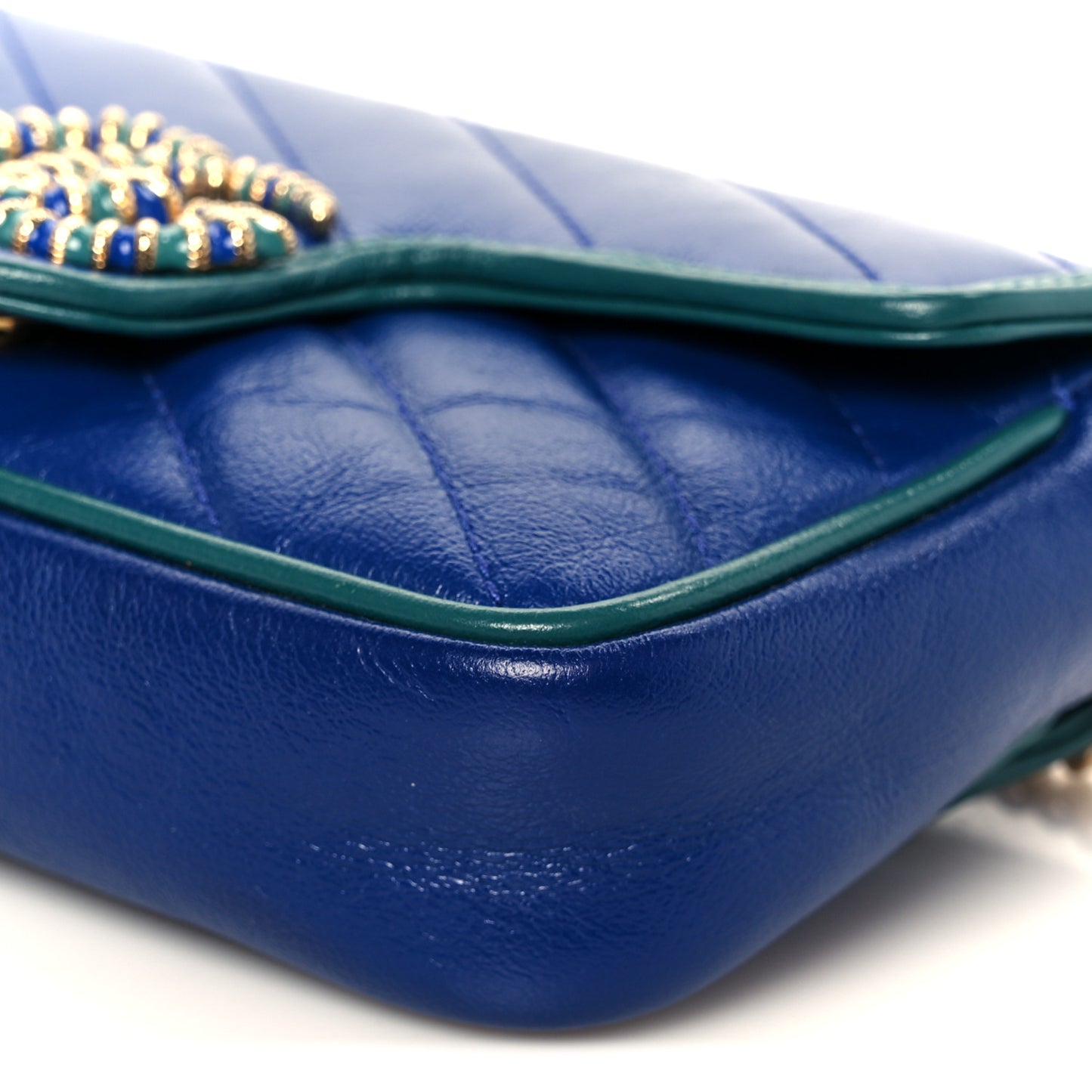 Azalea Calfskin Enamel Matelasse Diagonal Super Mini Torchon GG Marmont Shoulder Bag Imperial Blue Pavone