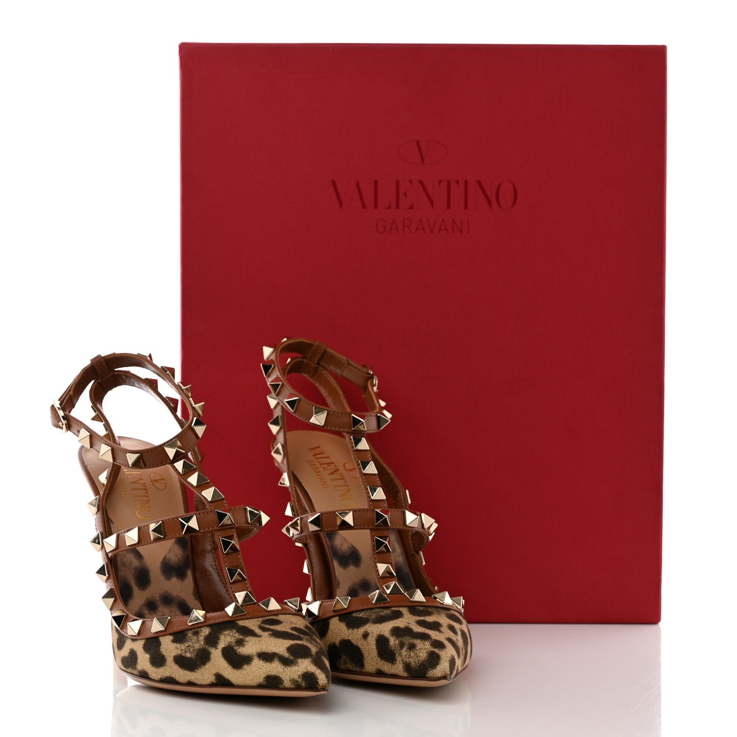 Canvas Leopard Print Rockstud Ankle Strap 100mm Pumps 36.5 Brown