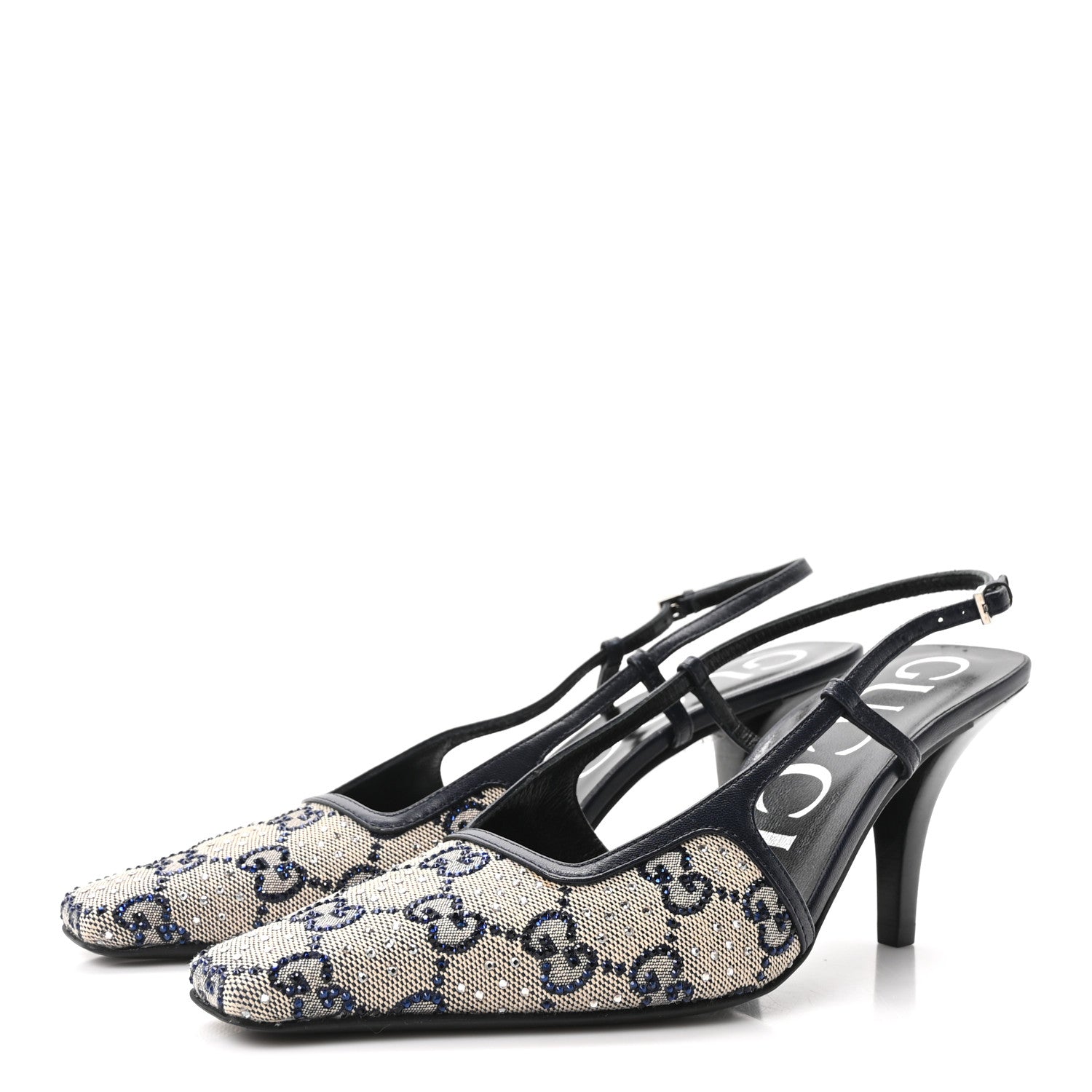 Gucci GG Monogram Malaga Kid Crystal Square G 75mm Slingback Pumps 36.5 Beige Blue 4 of 9