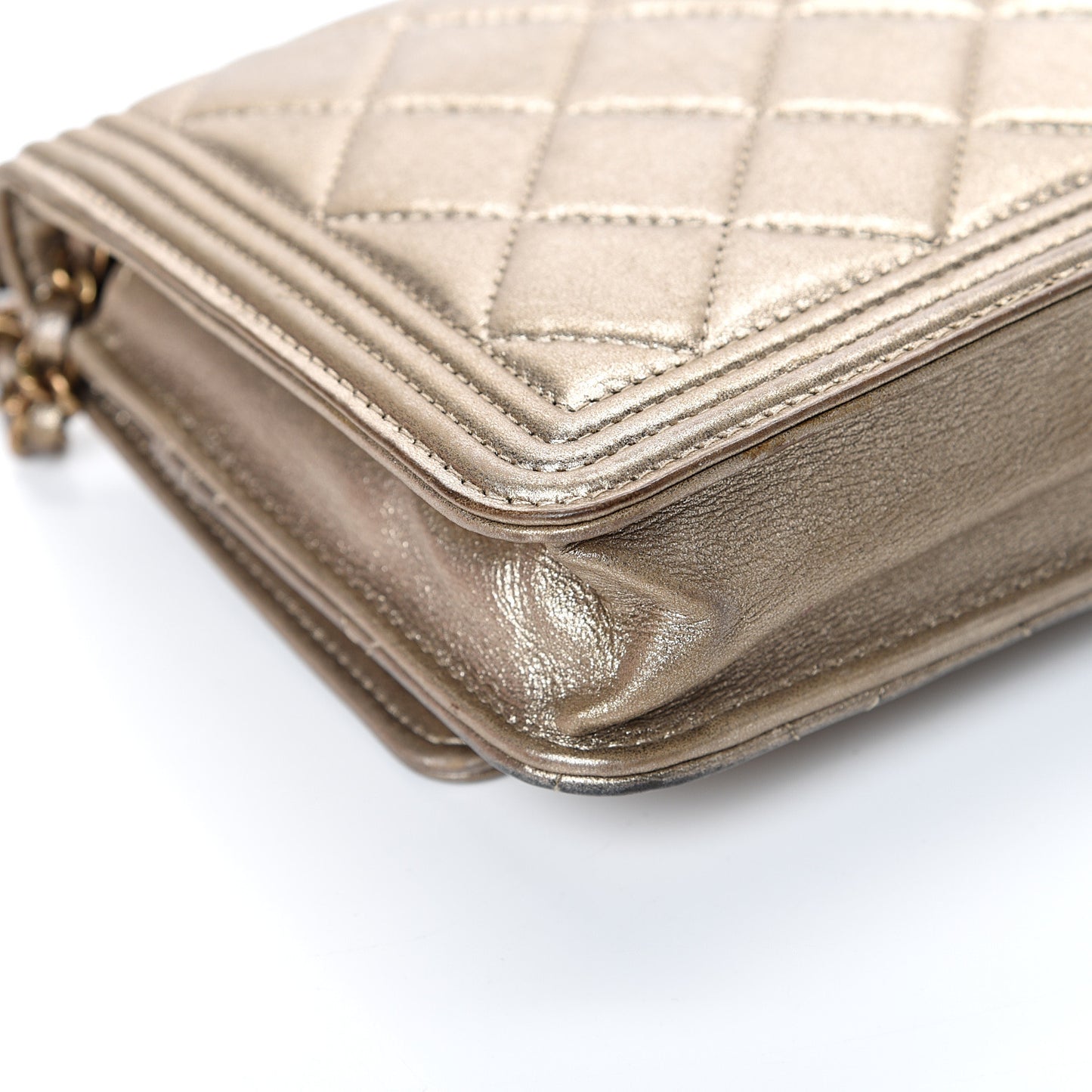 Metallic Calfskin Quilted Boy Wallet On Chain WOC Gold
