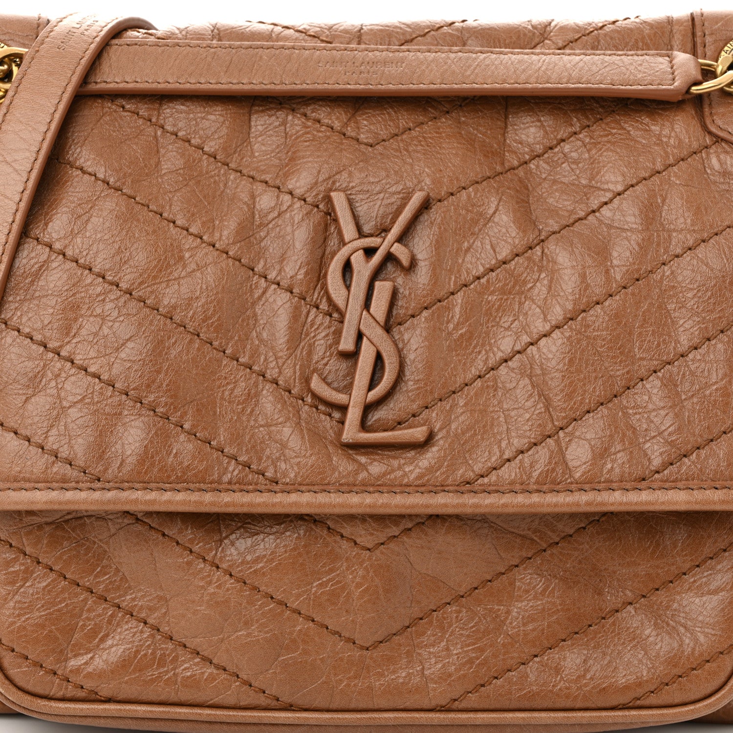 Saint Laurent Crinkled Calfskin Matelasse Monogram Medium Niki Chain Satchel Caramel 6 of 9